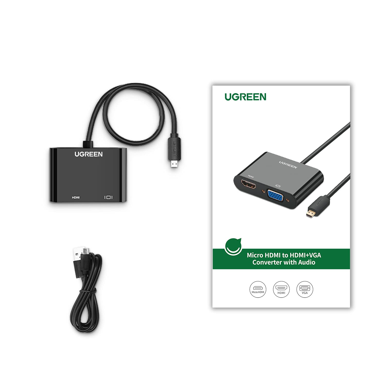 UGREEN Active Micro HDMI to HDMI Converter, Micro HDMI to VGA Adapter, with 3.5mm Audio Jack and Micro USB Power Port for Hero 7, 6, Ultrabooks, Lenovo Yoga 3, Asus ZenBook UX30, Cameras, Black