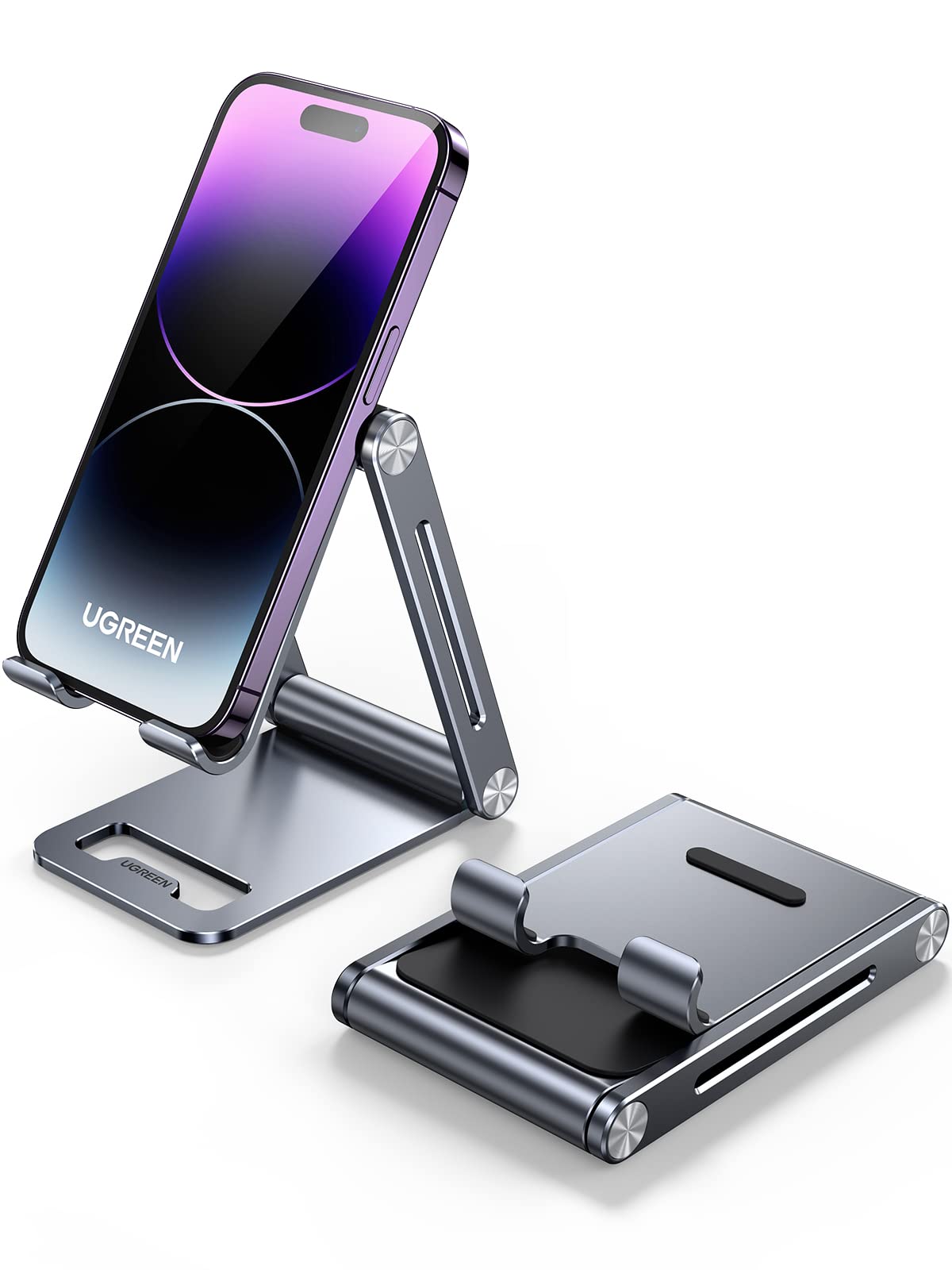 UGREEN Cell Phone Stand for Desk, Foldable Adjustable Aluminum Phone Stand Desktop Compatible for iPhone 15 14 13 12 Pro Max, iPhone 11 X SE XS XR 8 Plus, Galaxy Note20 S20 S10 and More Devices, Grey