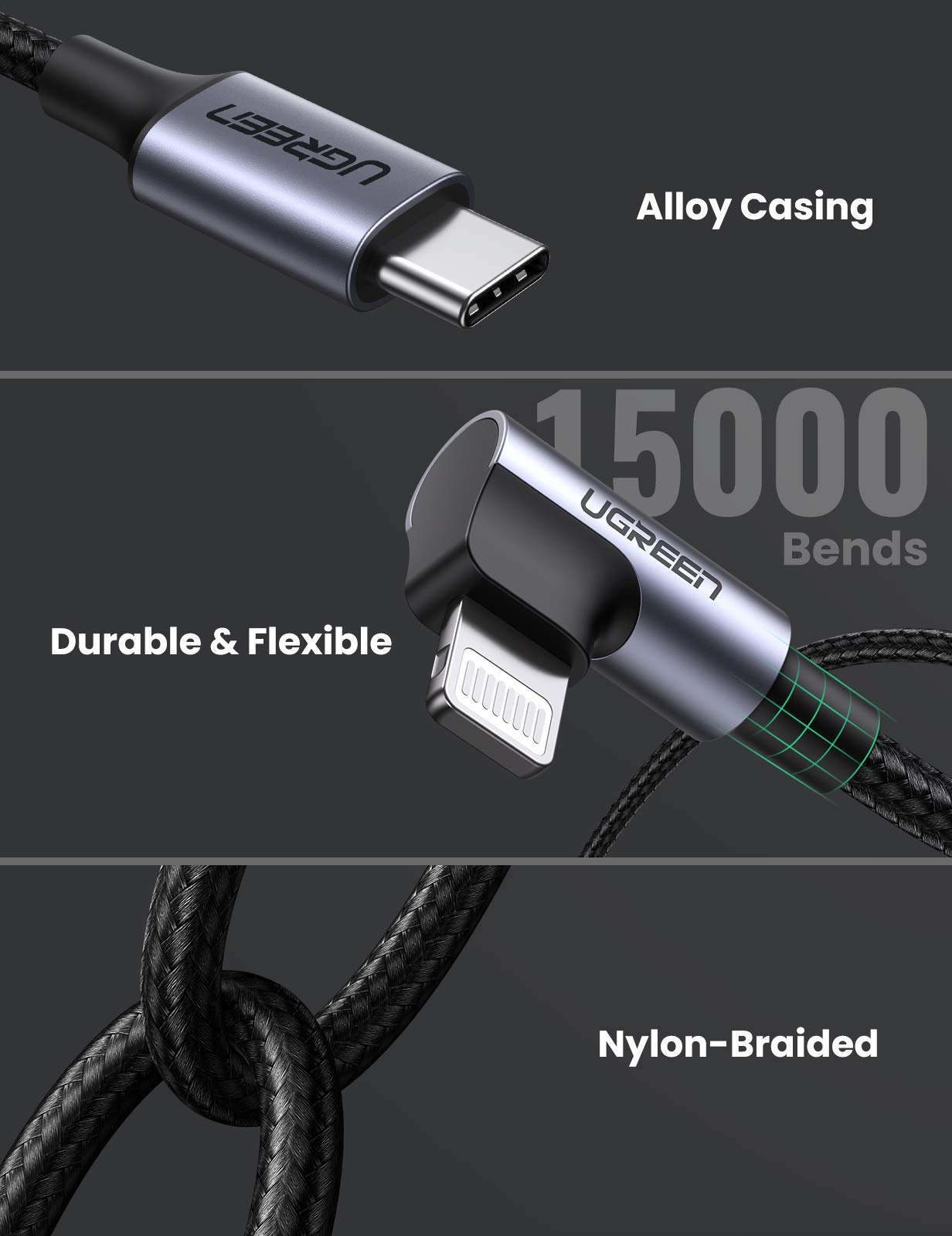 UGREEN USB C to Lightning Cable Right Angle 90 Degree Braided MFi Certified Type C Fast Charge Cord Power Delivery for iPhone 14 Pro Max 13 13 Pro, 11 Pro Max, XS Max XR X, 8 Plus, iPad Pro 12.9, 3FT