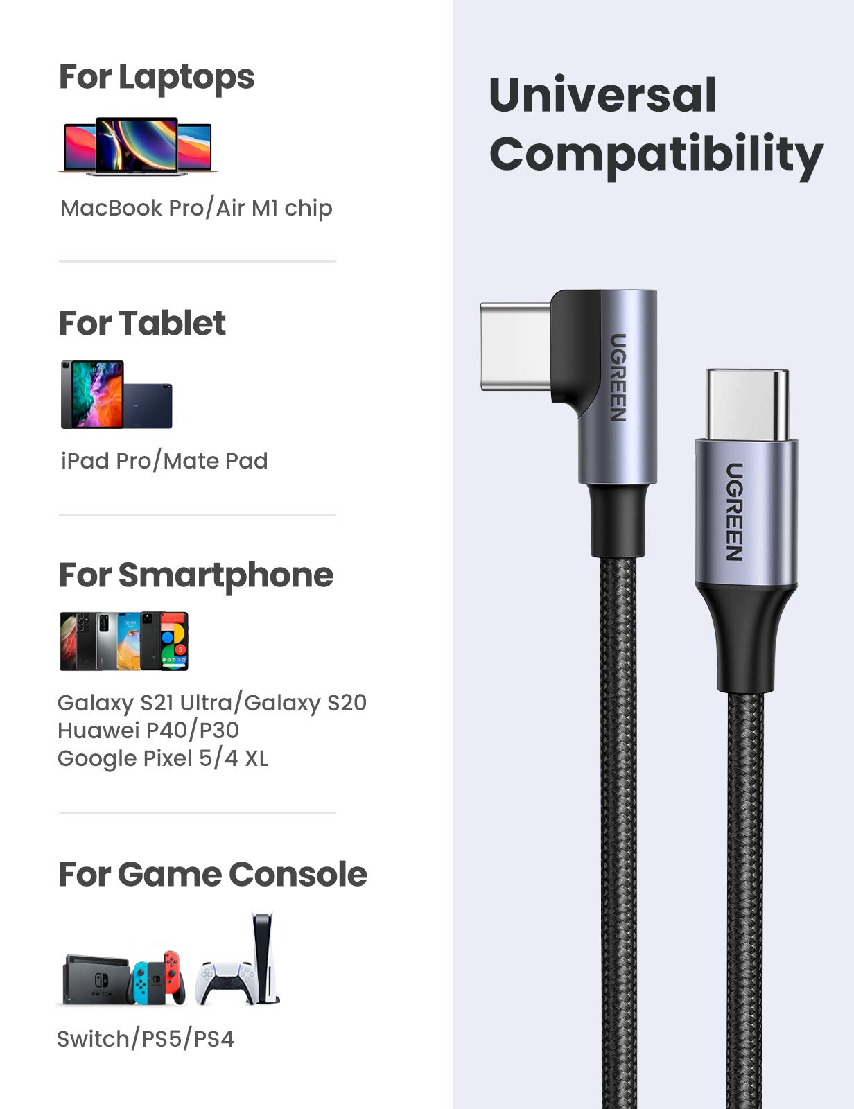 UGREEN USB C to USB C Cable 90 Degree 60W PD Fast Charge Right Angle Type C Data Lead Compatible with MacBook Air iPad Pro 2020 Samsung S20 S10 S9 A70 A71 Huawei Oculus Quest Lenovo Dell Surface,0.5M