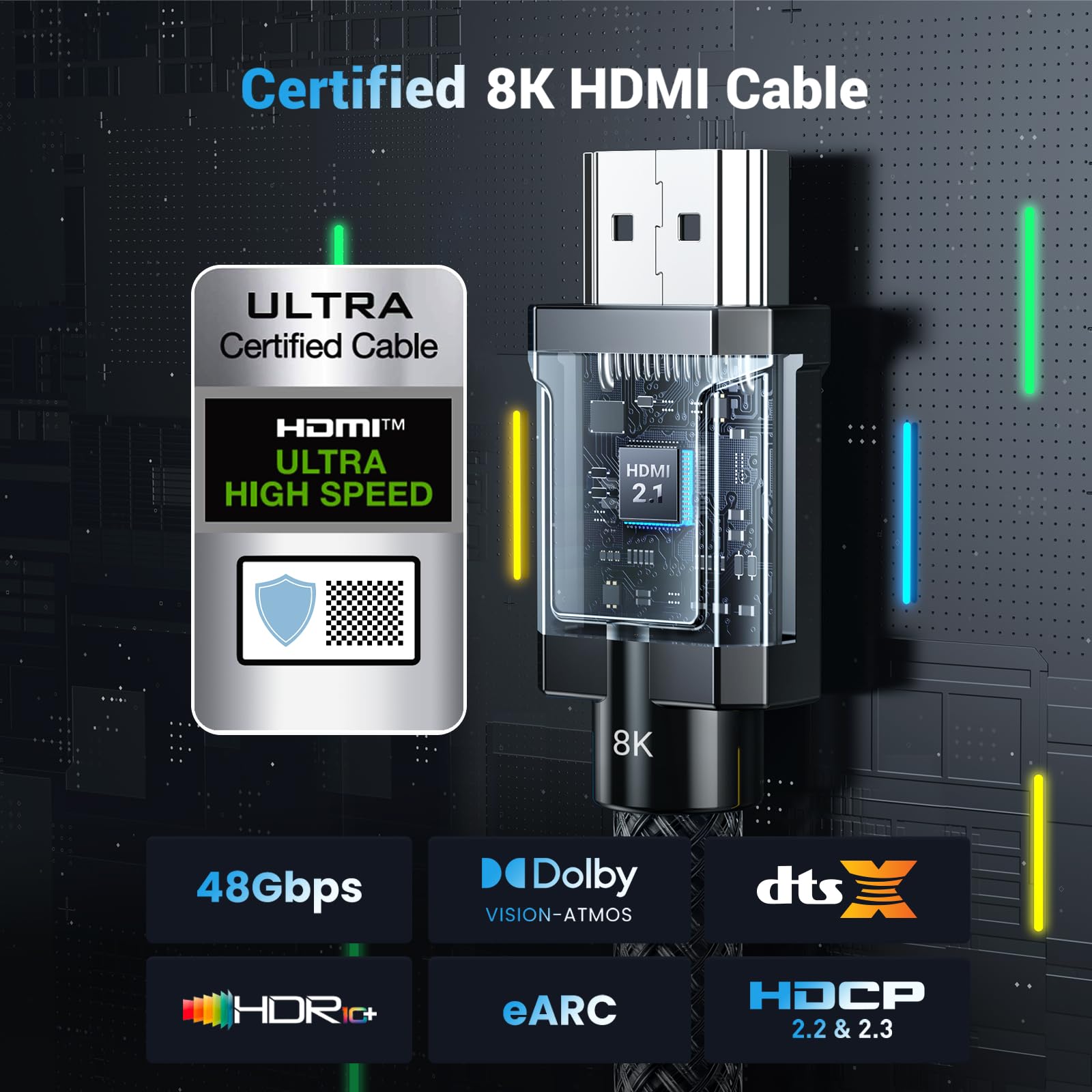UGREEN 8K Certified HDMI 2.1 Cable 4K 120Hz, 48Gbps HDMI Cable 2.1 Ultra High Speed Support 8K 60Hz, 8K UHD, HDCP, Dynamic HDR, eARC, Dolby Atmos for PS5/4 Pro, Xbox One, Roku, TV Box, HDTV, 6.6 Feet