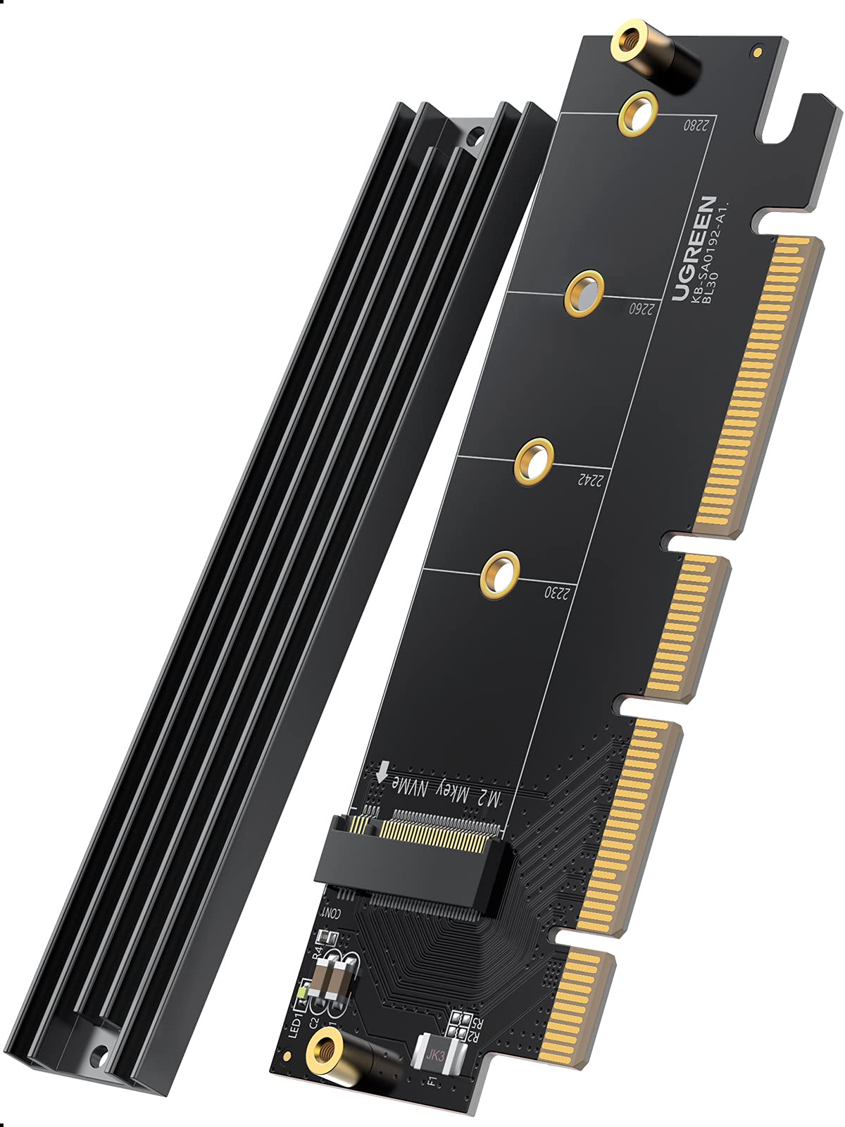 UGREEN NVMe PCIe Adapter, M.2 SSD M Key and M+B Key to PCIe 4.0 Adapter X4 X8 X16 Slot Card with Heat Sink, Up to 64Gbps Max, Size for NVMe M.2 SSD 2230 2242 2260 2280