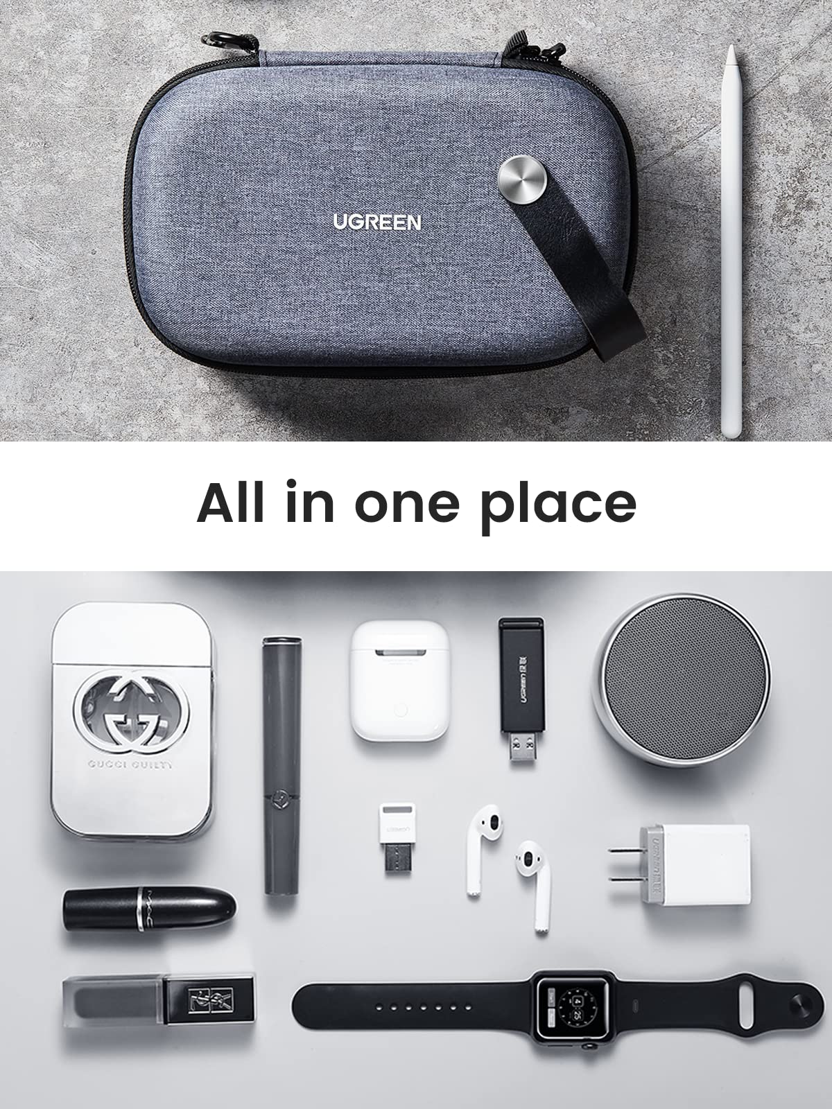 UGREEN Travel Case Universal Electronic Accessories Bag Cable Organizer Portable Carrying Pouch for Mini Speaker, USB Cable, Memory Cards, Power Bank, Hard Drive, Charger, Cosmetics, and More, Grey